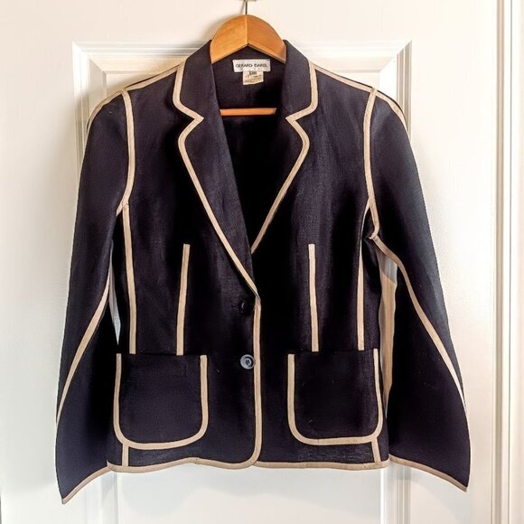 Gerard Darel Black Tan Contrast Trim Linen Blazer - Picture 1 of 6